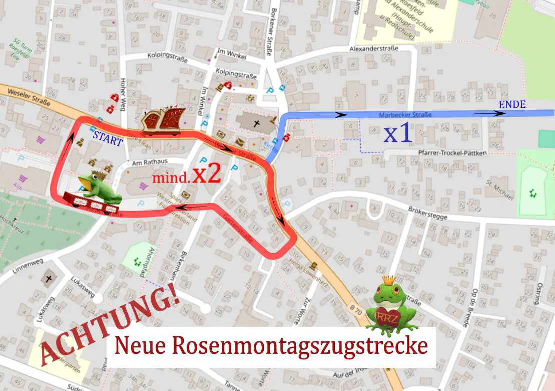 Karte der neuen Rosenmontagszugstrecke in Raesfeld